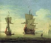 Monamy, Peter A fifty gun two-decker,at sea near a coast oil painting on canvas
